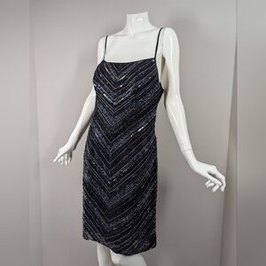Scala Silk Beaded Open Back Dress Sz M – Black Chevron Sequin Slip